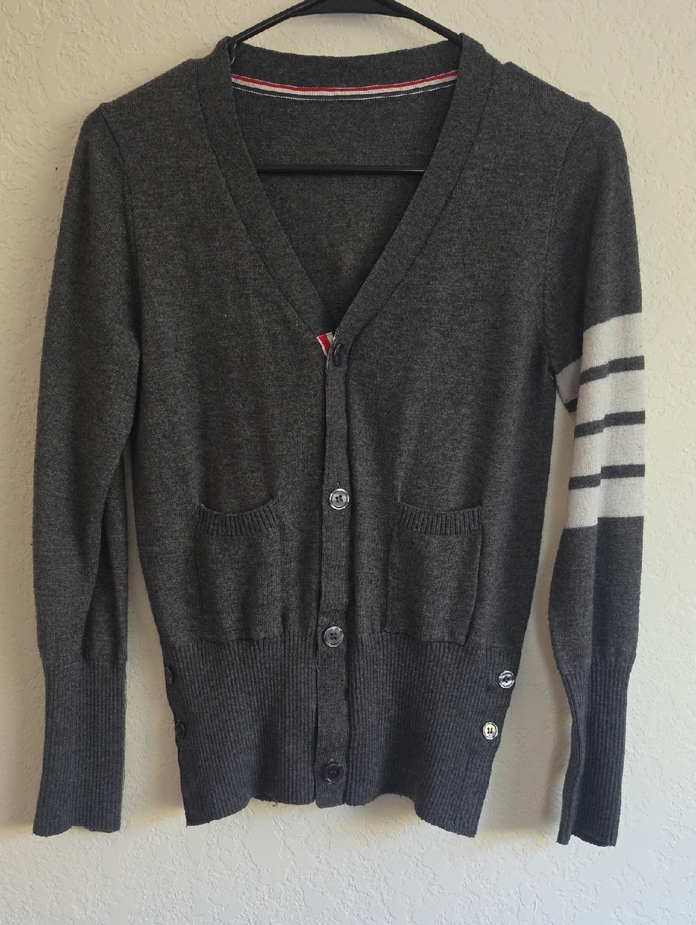 Charcoal V-Neck Button Cardigan with Contrast Sleeve Stripes